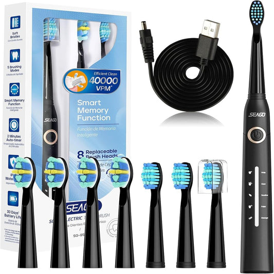 Seago Electric Toothbrush, Rechargeable Power Toothbrush with 8 Brush Heads