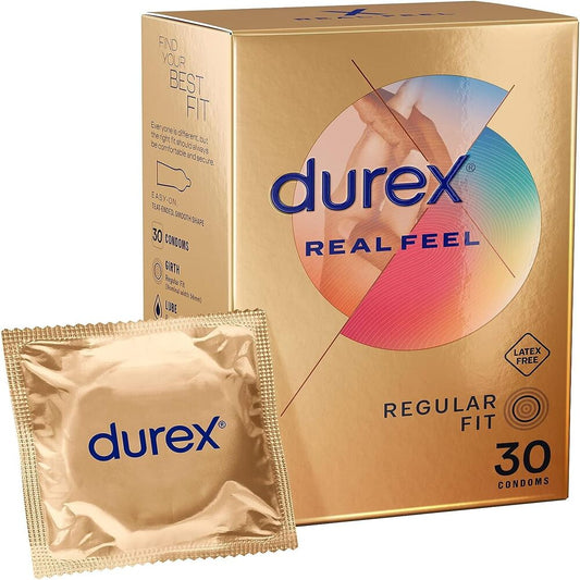 Durex Real Feel Condoms, Regular Fit, 30s, Latex Free, Extra Silicone Lube, Easy On Shape