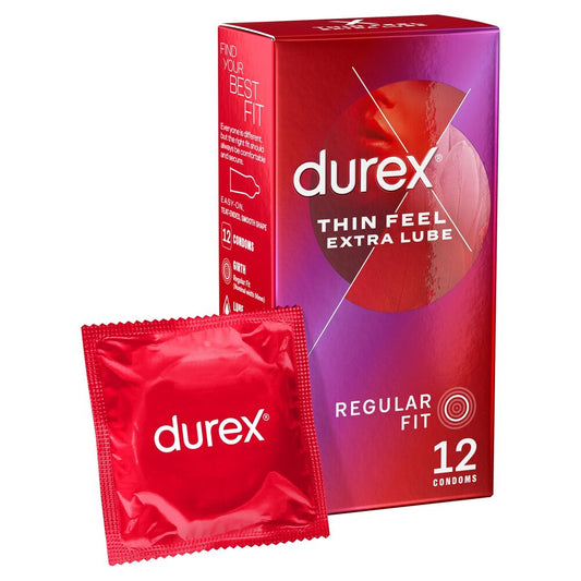 Durex Thin Feel Extra Lube Condoms, Regular Fit, 12s, Secure, Natural Latex